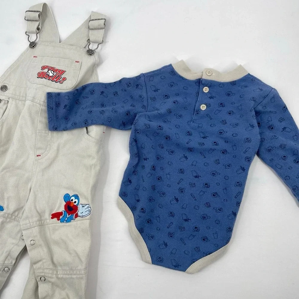 Vintage Y2K Sesame Street Elmo Kid's Character Overalls Rare Cookie Monster 18 M